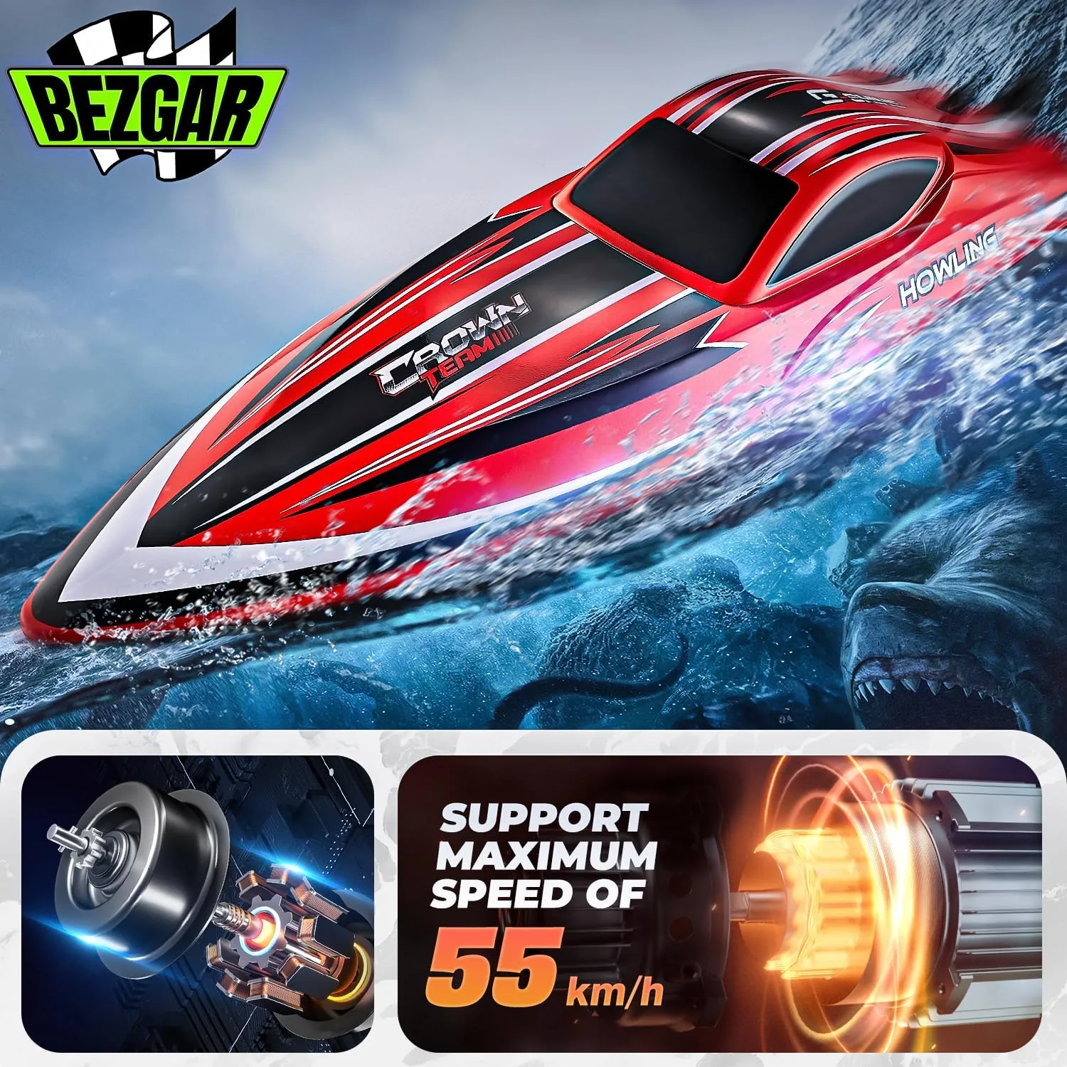 BEZGAR RC Boat, 16 inch Big Brushless Remote Control Boat for Adults and Kids, 55 KPH Large Fast RC Speed Boats with 2000mAh Battery, Ideal Waterproof Toy Boats for Lakes - HJ818PRO Red