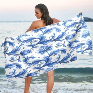 Blue Flowers White Beach Towels Oversized 71x31in Extra Large Pool Towel with Mesh Storage Bag, Lightweight Sand Free Quick Dry Beach Towel Travel Towel for Swim Bath Yoga Camping Gym