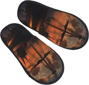 Boat at dusk Furry Slippers for Men Women Fuzzy Memory Foam Slippers Warm Comfy Slip-on Bedroom Shoes Winter House Shoes for Indoor Outdoor Medium