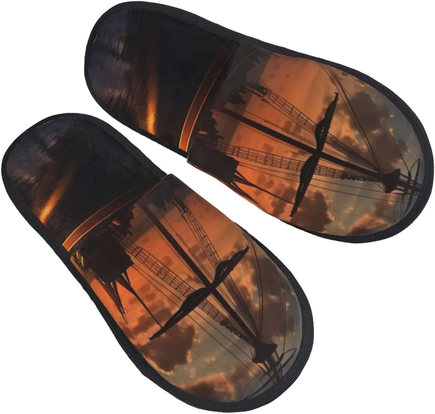 Boat at dusk Furry Slippers for Men Women Fuzzy Memory Foam Slippers Warm Comfy Slip-on Bedroom Shoes Winter House Shoes for Indoor Outdoor Medium