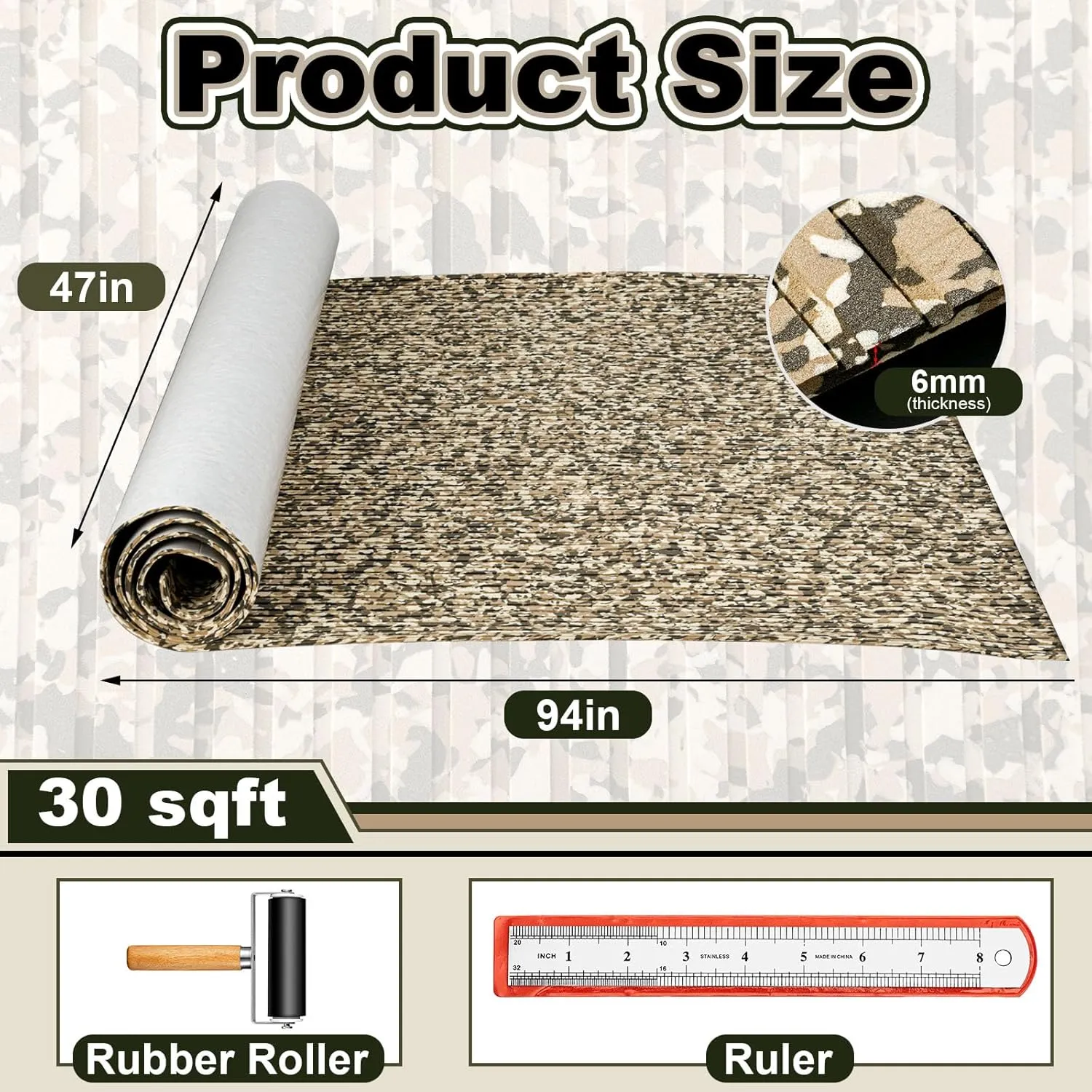 Boat Flooring EVA Foam 118"/94" x 47"/35"/24"/16" Boat Decking Non Slip Marine Camo Self Adhesive Carpet with Roller Ruler for Kayak Yacht Motorboat