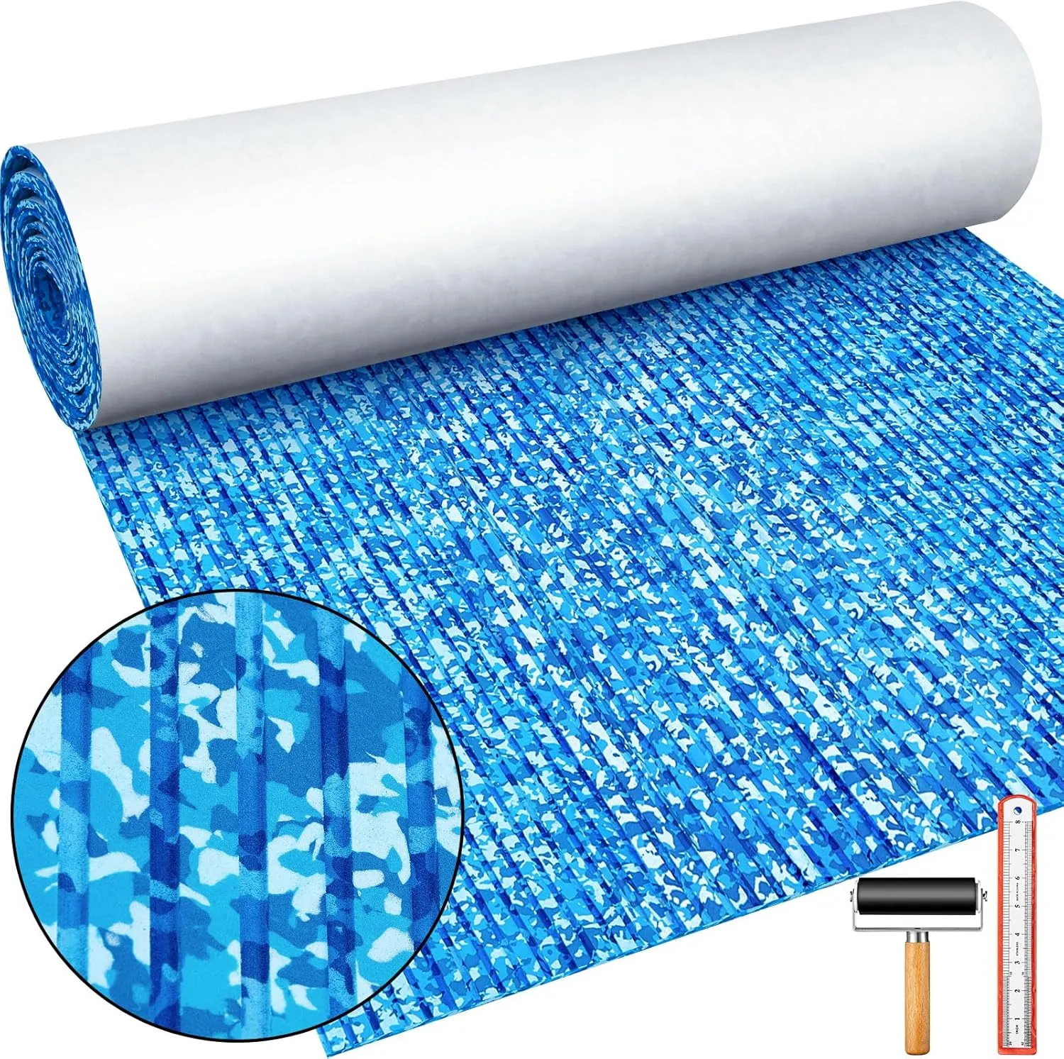 Boat Flooring EVA Foam 158"/118"/94" x 47"/35"/24" Boat Decking Non Slip Marine Camo Self Adhesive Carpet with Roller Ruler for Kayak Yacht Motorboat