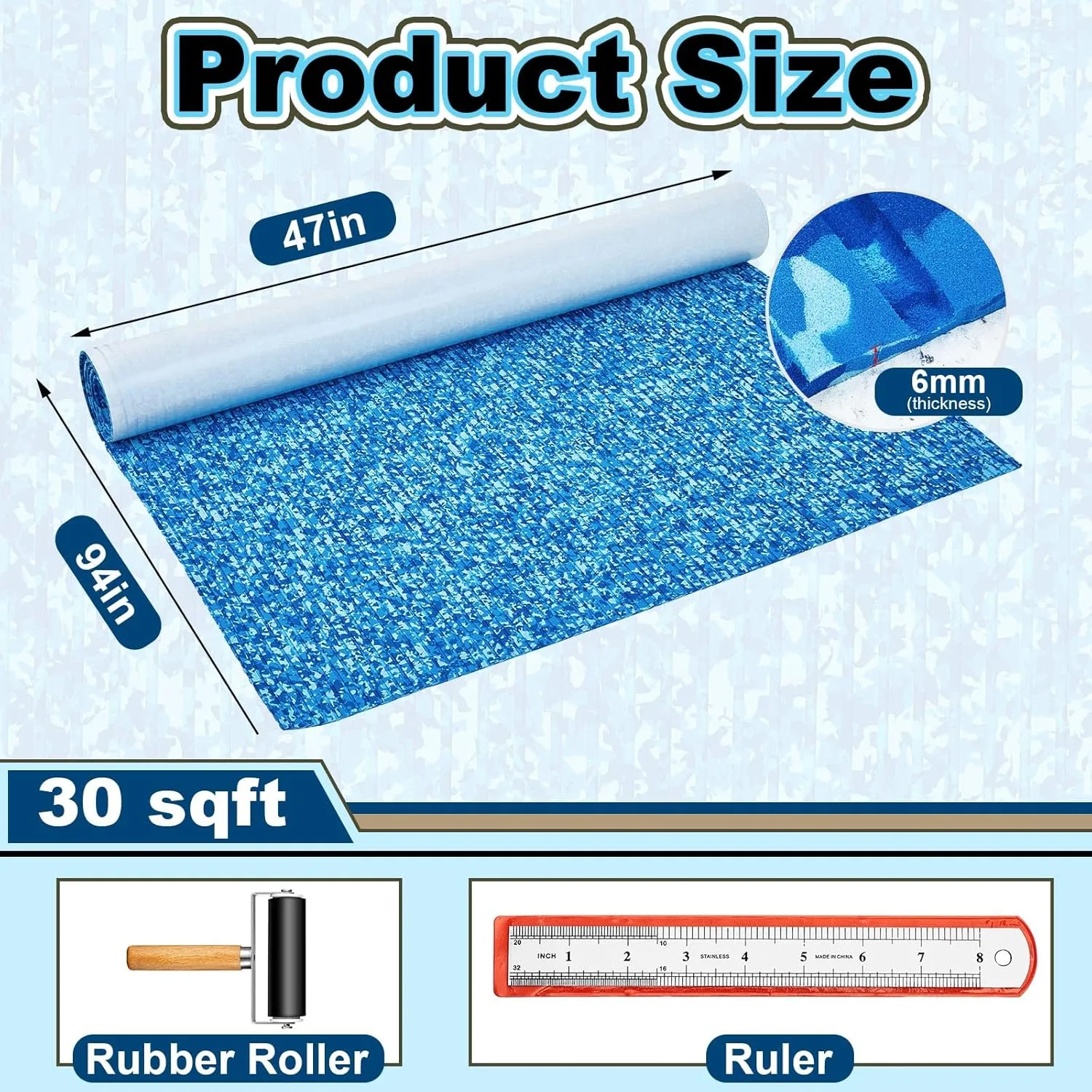 Boat Flooring EVA Foam 158"/118"/94" x 47"/35"/24" Boat Decking Non Slip Marine Camo Self Adhesive Carpet with Roller Ruler for Kayak Yacht Motorboat