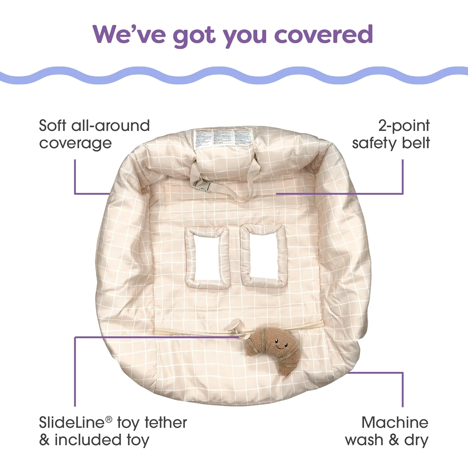 Boppy Shopping Cart Cover, Almond Croissant, Cart Cover for Babies with Soft 360-Degree Coverage, Safety Harness, and SlideLine Toy Tether with Plush Croissant Included, 6mo 