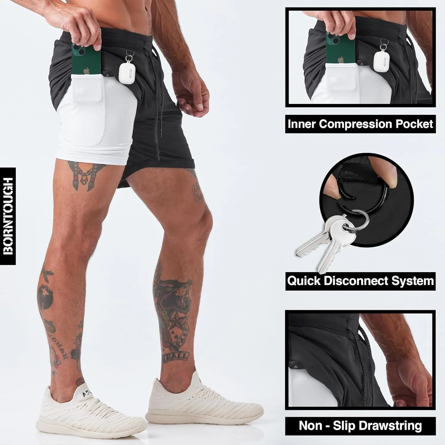Born Tough 2 in 1 Mens Workout Shorts, 7 Inch Inseam Gym Shorts, Athletic Shorts for Bodybuilding, Running with Liner Pocket