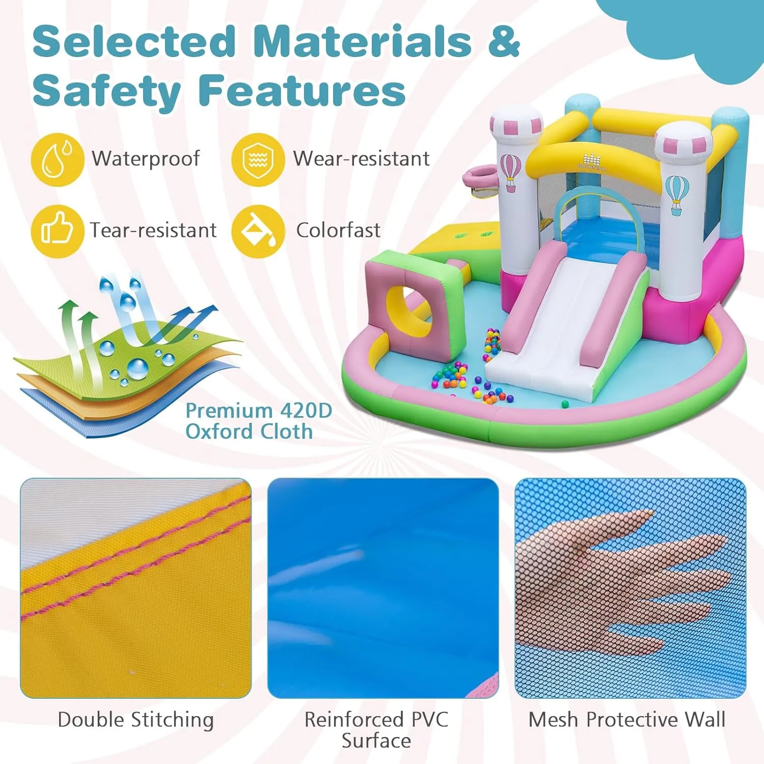 BOUNTECH Inflatable Bounce House, Bouncy House with Slide for Kids 3-6 Indoor Outdoor with Obstacle, Basketball Hoop, Ball Pit, Ring-toss, Pitching Game, Blower, Bouncy Castle for Birthday Party Gifts
