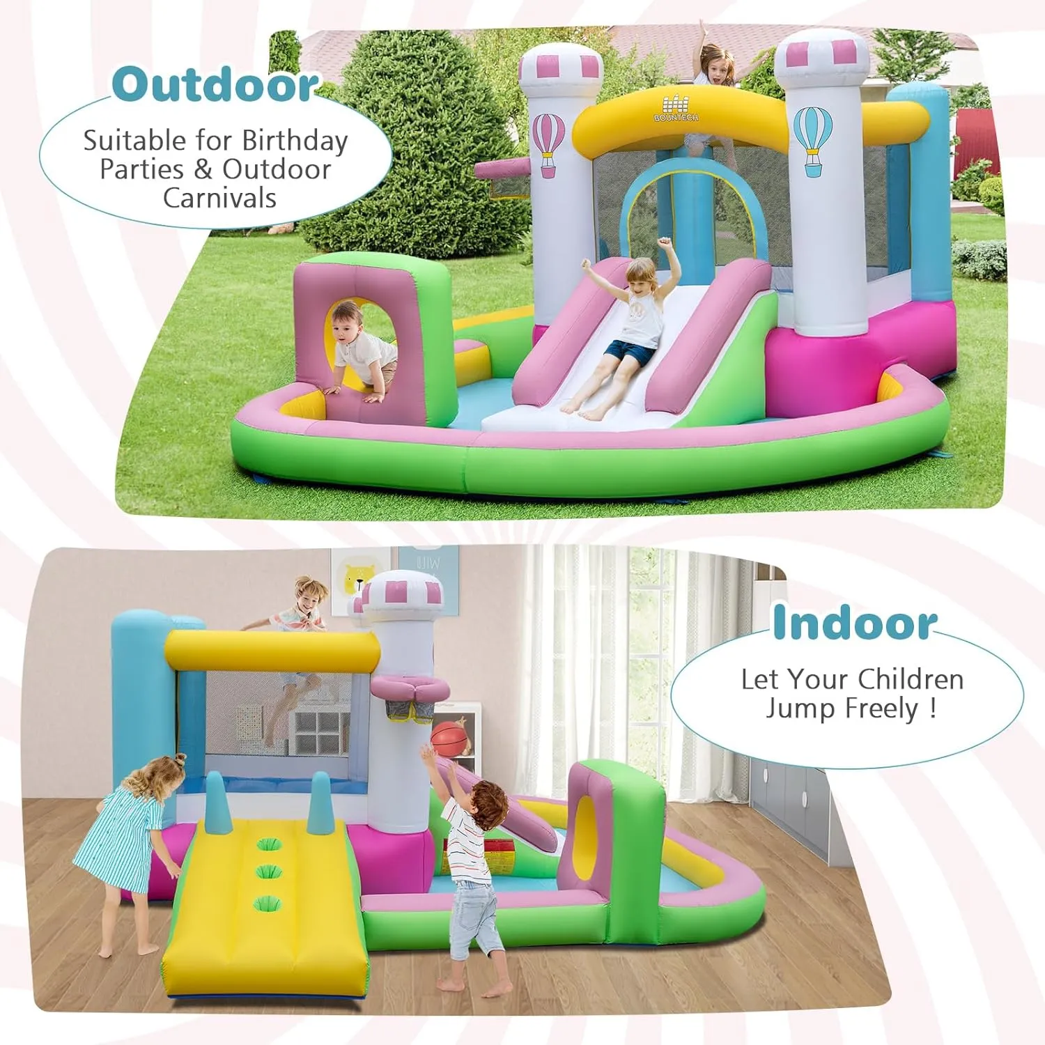 BOUNTECH Inflatable Bounce House, Bouncy House with Slide for Kids 3-6 Indoor Outdoor with Obstacle, Basketball Hoop, Ball Pit, Ring-toss, Pitching Game, Blower, Bouncy Castle for Birthday Party Gifts