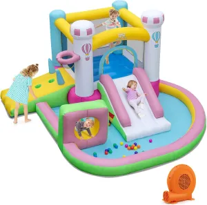 BOUNTECH Inflatable Bounce House, Bouncy House with Slide for Kids 3-6 Indoor Outdoor with Obstacle, Basketball Hoop, Ball Pit, Ring-toss, Pitching Game, Blower, Bouncy Castle for Birthday Party Gifts