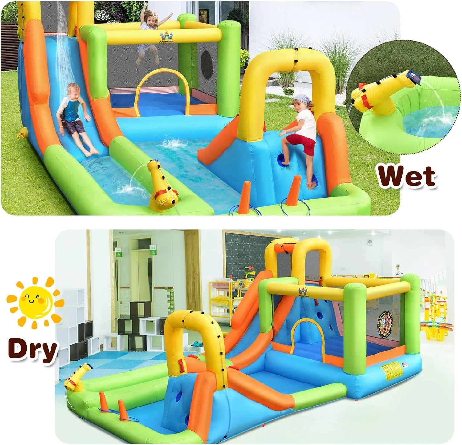 BOUNTECH Inflatable Water Slide, 8-in-1 Dual Slides Kids Water Park Jump Castle, Water Slides Inflatables for Outdoor with Splash Pool, Big Kids Backyard Party Water Slide Bounce House with Blower