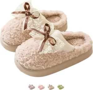 Bow House Slippers for Women Fuzzy Plush Home Slippers with Lace Bow Indoor Cozy Winter Warm Bow Tie Slippers Thickened Sole Slides Comfy Bedroom Shoes