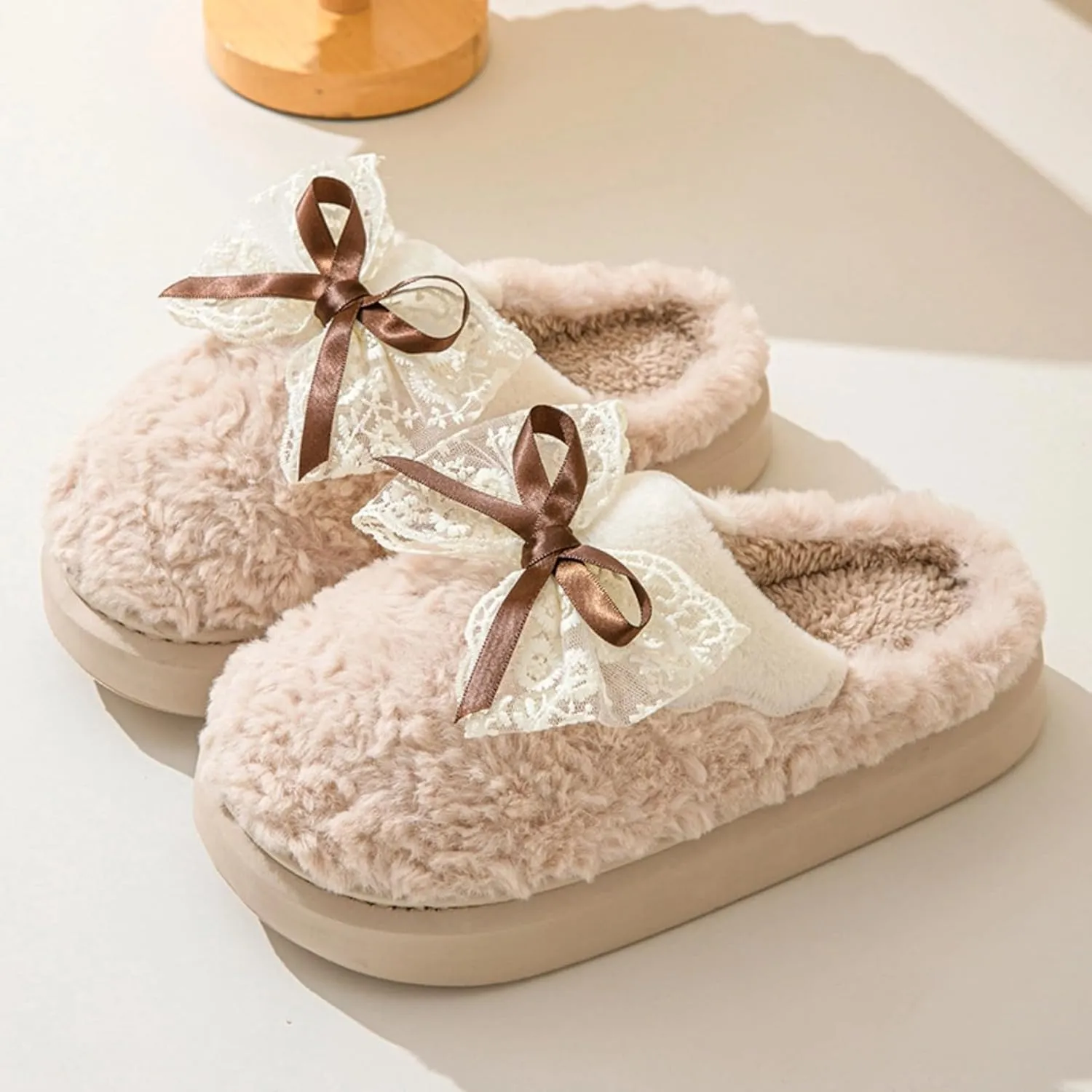 Bow House Slippers for Women Fuzzy Plush Home Slippers with Lace Bow Indoor Cozy Winter Warm Bow Tie Slippers Thickened Sole Slides Comfy Bedroom Shoes