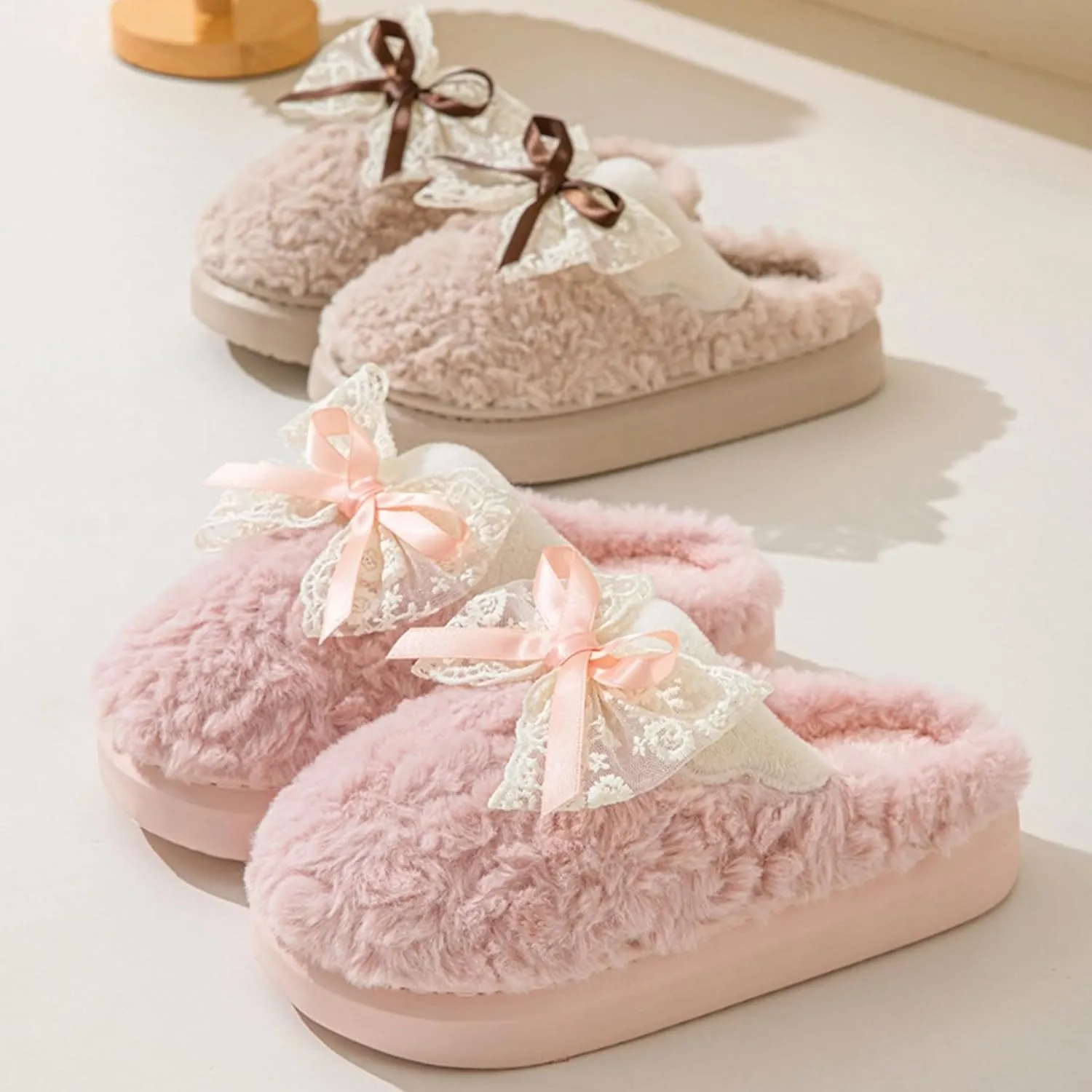 Bow House Slippers for Women Fuzzy Plush Home Slippers with Lace Bow Indoor Cozy Winter Warm Bow Tie Slippers Thickened Sole Slides Comfy Bedroom Shoes