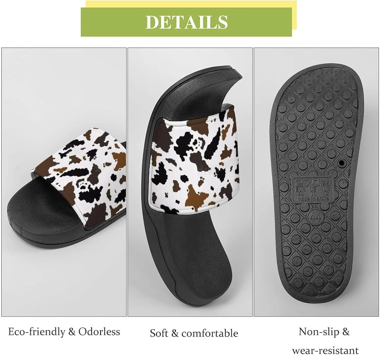 Brown Cowhide Womens Slide Sandals Non Slip Summer House Slippers for Girls Slip-on Flip Flops