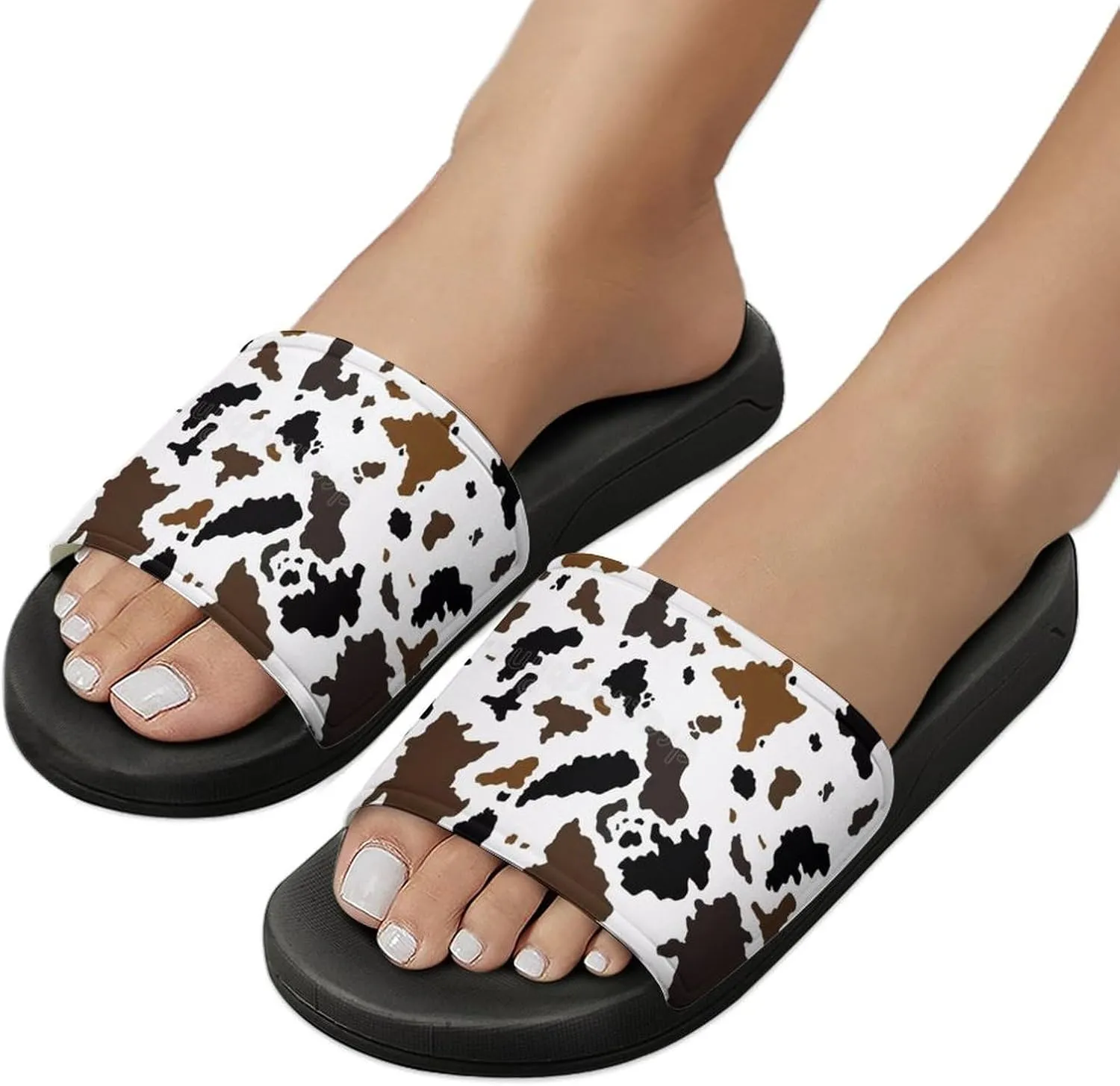 Brown Cowhide Womens Slide Sandals Non Slip Summer House Slippers for Girls Slip-on Flip Flops