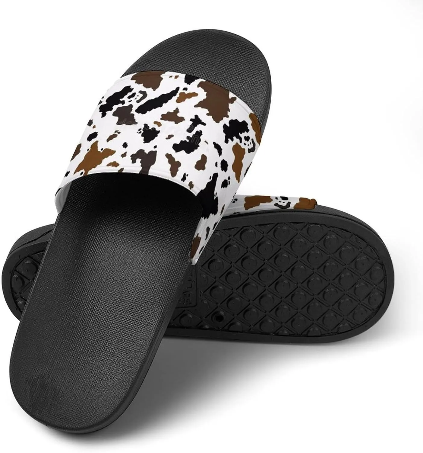 Brown Cowhide Womens Slide Sandals Non Slip Summer House Slippers for Girls Slip-on Flip Flops