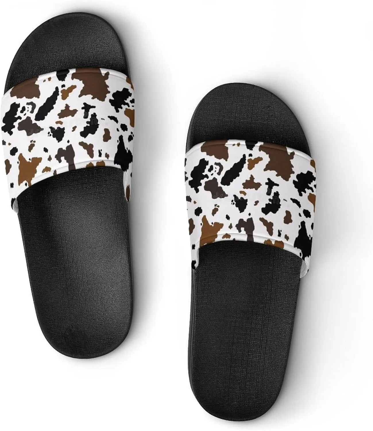 Brown Cowhide Womens Slide Sandals Non Slip Summer House Slippers for Girls Slip-on Flip Flops