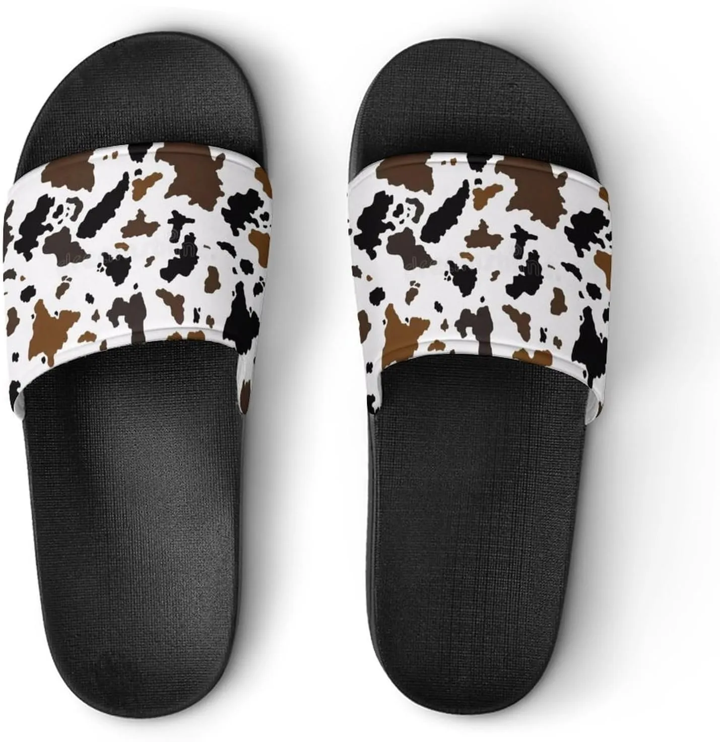 Brown Cowhide Womens Slide Sandals Non Slip Summer House Slippers for Girls Slip-on Flip Flops