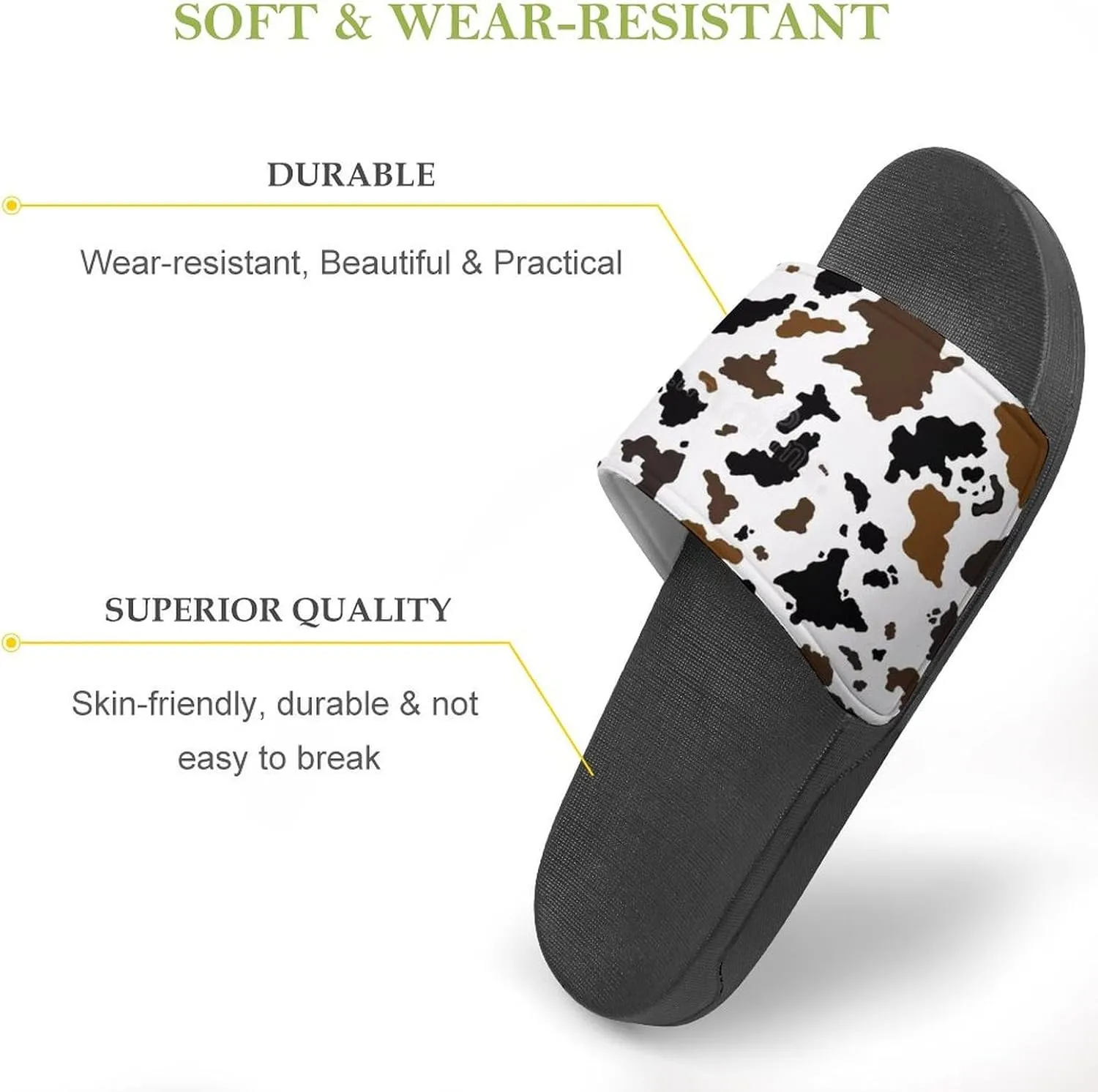 Brown Cowhide Womens Slide Sandals Non Slip Summer House Slippers for Girls Slip-on Flip Flops