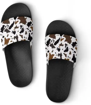 Brown Cowhide Womens Slide Sandals Non Slip Summer House Slippers for Girls Slip-on Flip Flops