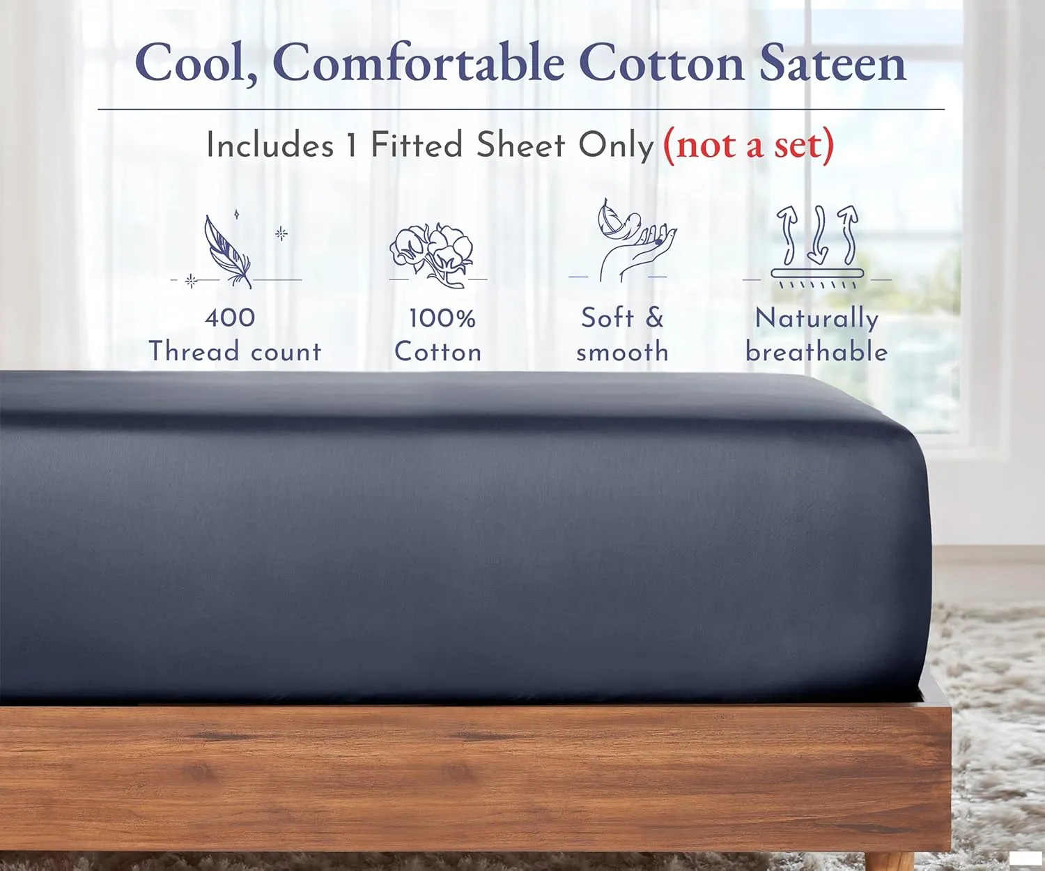 California Design Den King Size Cotton Fitted Sheet, Deep Pocket 400 Thread Count 100% Cotton Sateen, No Pop-Off Elastic, Durable Fitted Sheet Only (King, Indigo Dusty Blue)