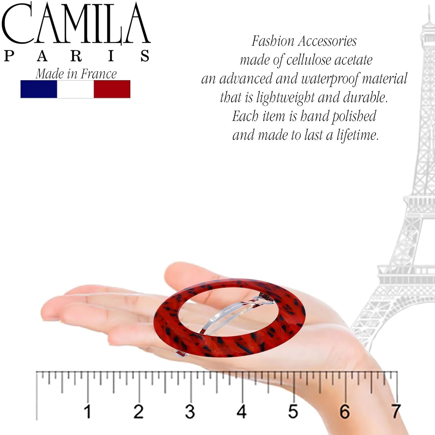 Camila Paris CP2513 French Hair Barrette Clip for Girls, Round Handmade, Victory Red, Strong Hold Grip Hair Clips for Women, No Slip and Durable Styling Girls Hair Accessories, Made in France