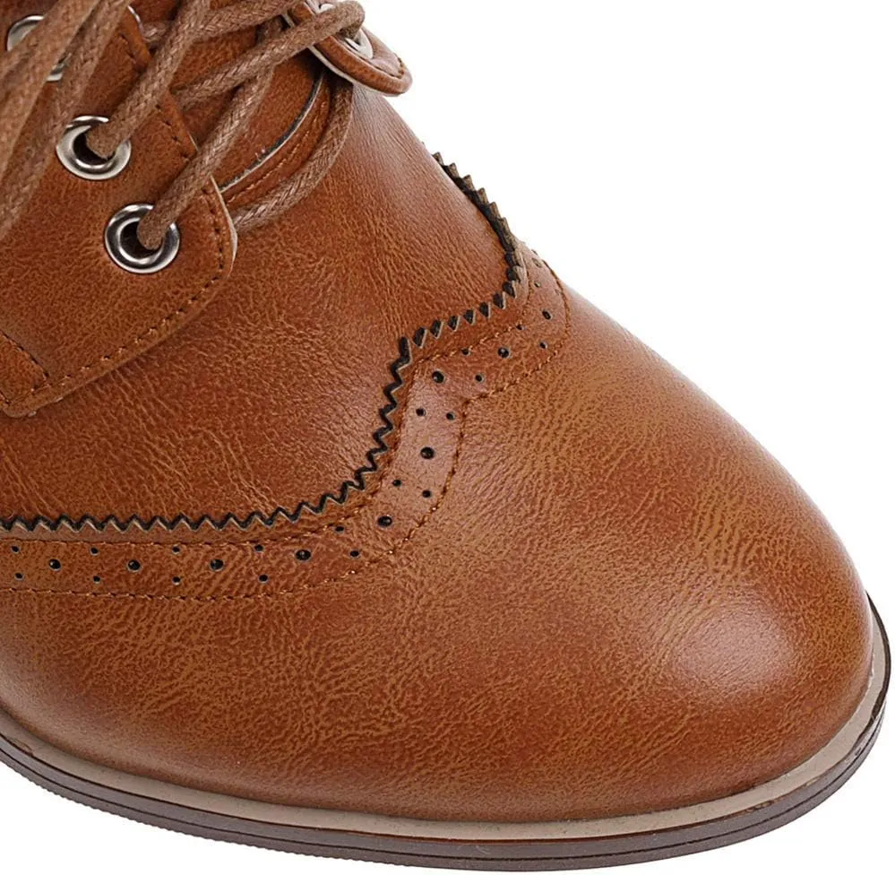 Caradise Womens Wingtip Oxford High Heels Round Toe Lace Up Brogue