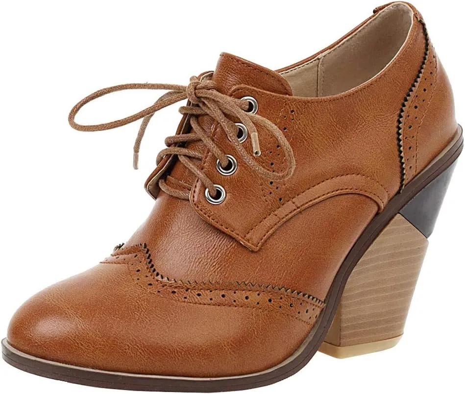 Caradise Womens Wingtip Oxford High Heels Round Toe Lace Up Brogue