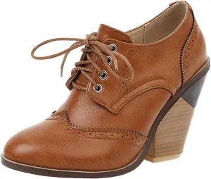 Caradise Womens Wingtip Oxford High Heels Round Toe Lace Up Brogue