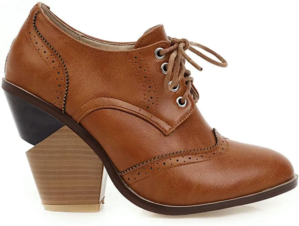 Caradise Womens Wingtip Oxford High Heels Round Toe Lace Up Brogue