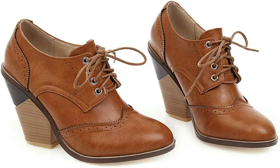 Caradise Womens Wingtip Oxford High Heels Round Toe Lace Up Brogue