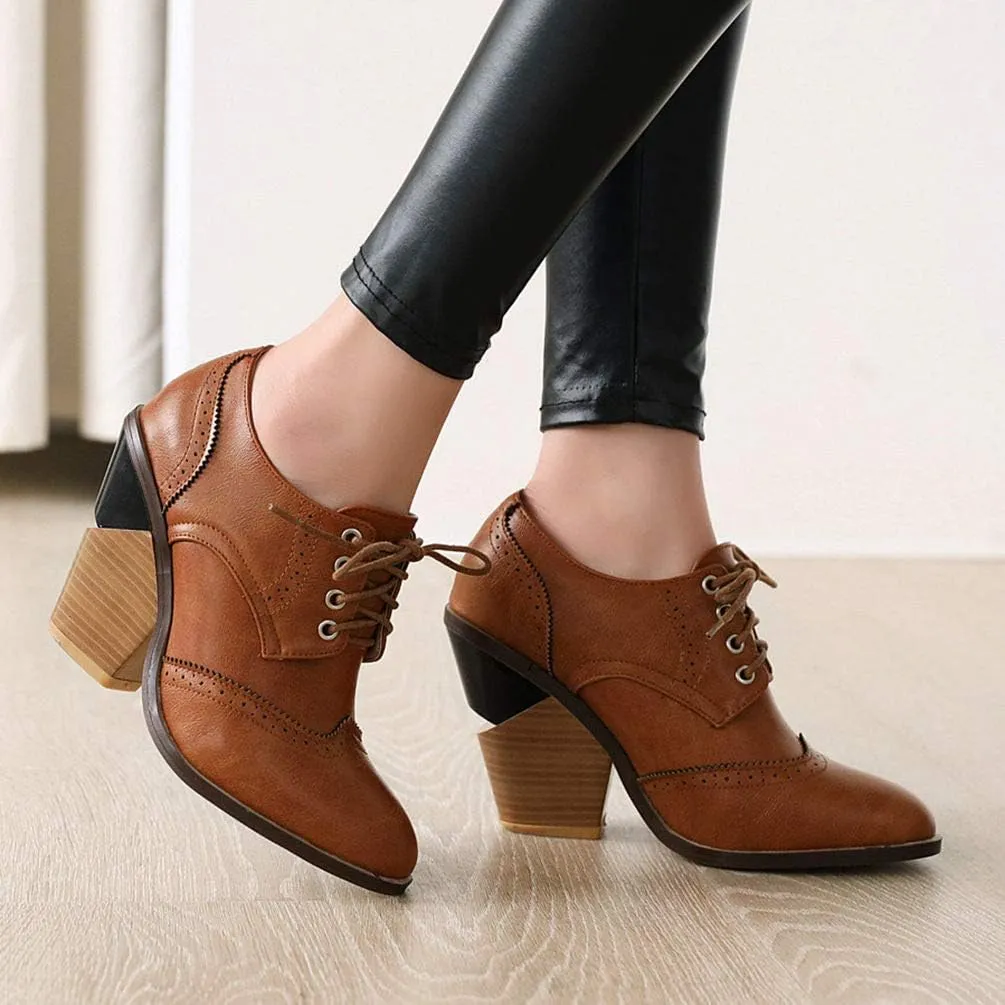 Caradise Womens Wingtip Oxford High Heels Round Toe Lace Up Brogue