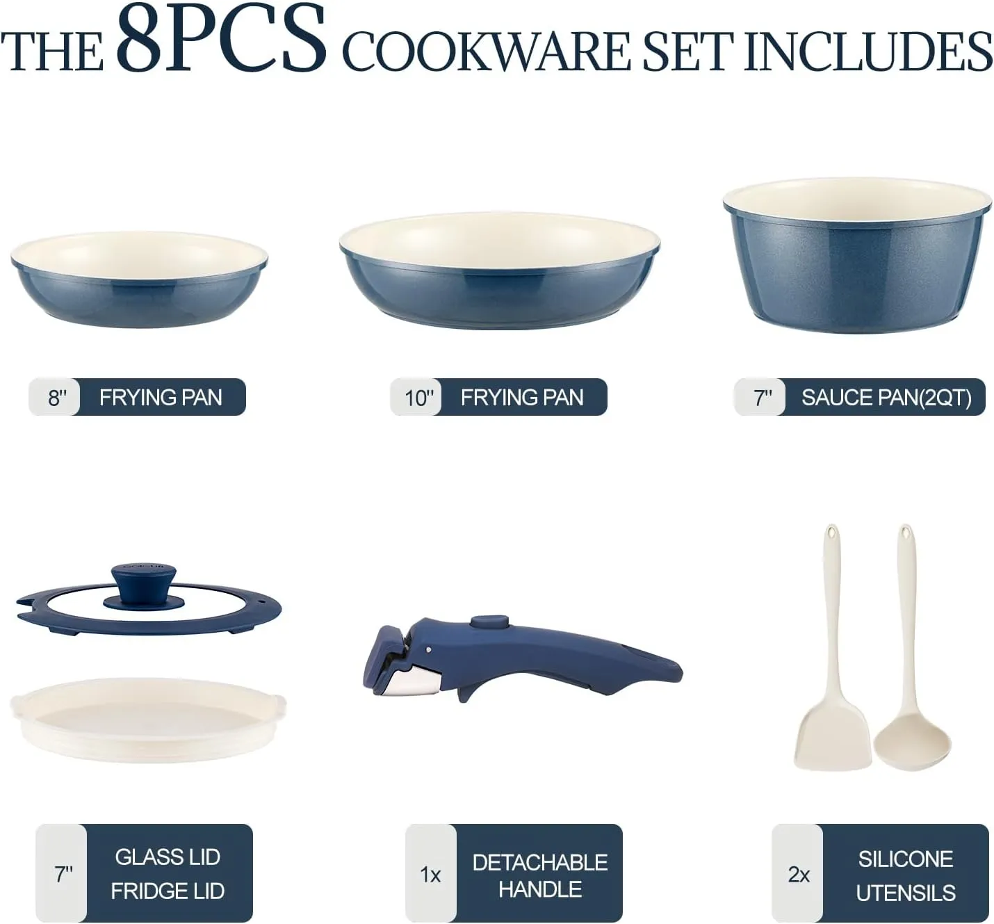 Ceramic Cookware Set Non Stick 8Pcs Pots and Pans Set Detachable Handle Induction Kitchen Cooking Set with Frying Pans Oven Dishwasher Safe, PFAS/PFOA Free, Navy
