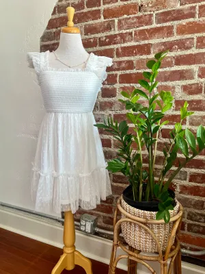 Charlette Polka Dot Chiffon Smocked Tiered Mini Dress - White