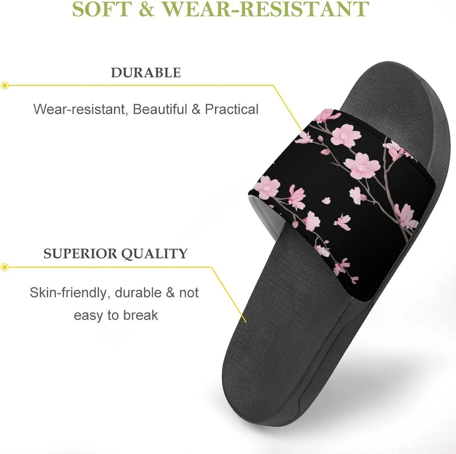 Cherry Blossom Black Womens Slide Sandals Non Slip Summer House Slippers for Girls Slip-on Flip Flops