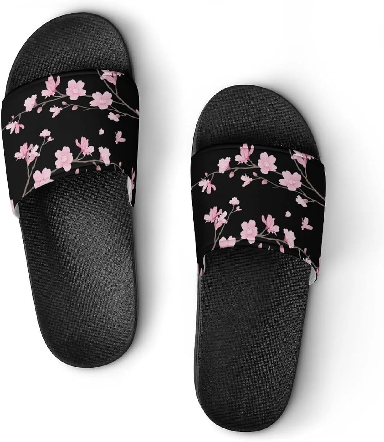 Cherry Blossom Black Womens Slide Sandals Non Slip Summer House Slippers for Girls Slip-on Flip Flops