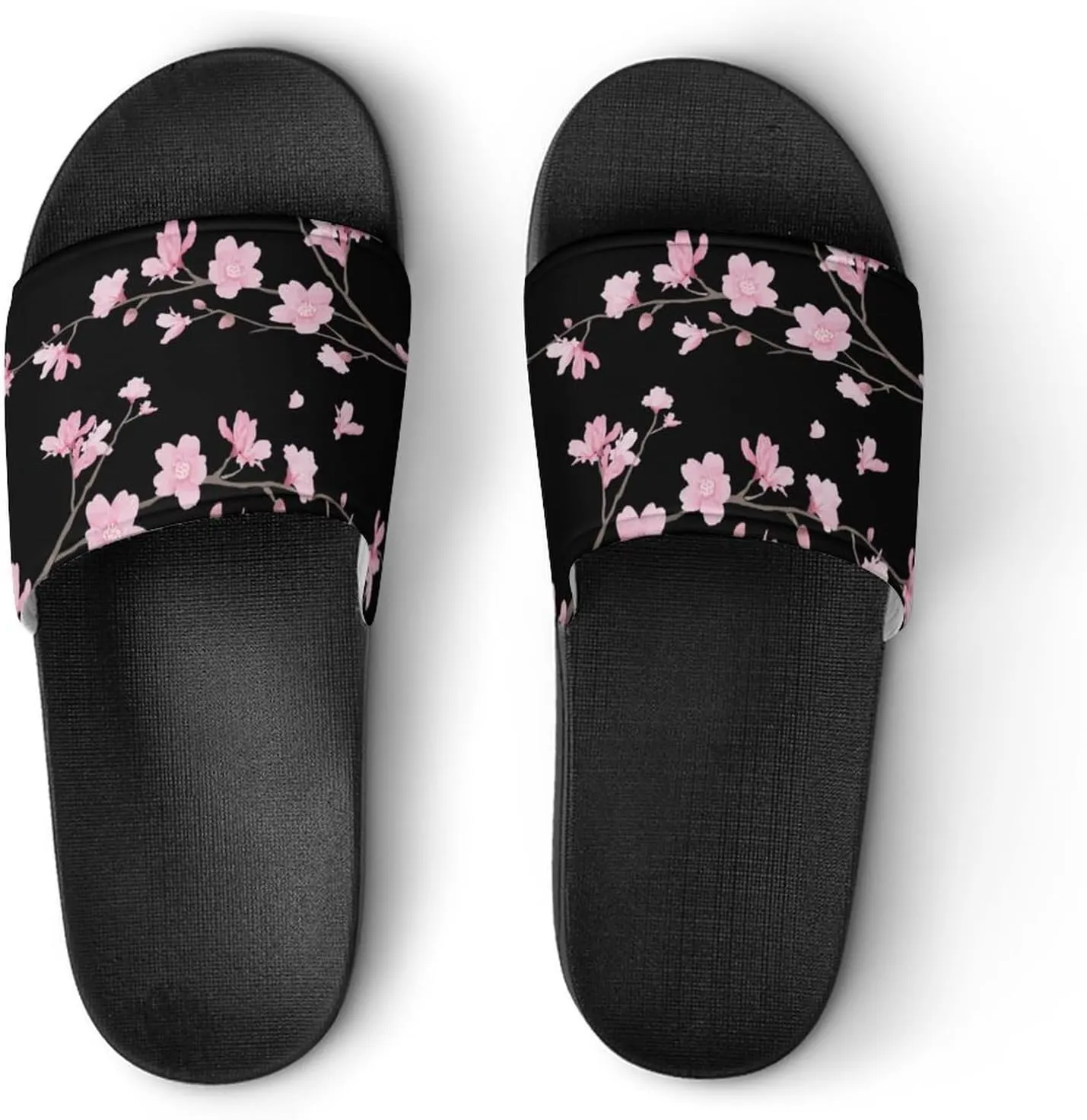Cherry Blossom Black Womens Slide Sandals Non Slip Summer House Slippers for Girls Slip-on Flip Flops
