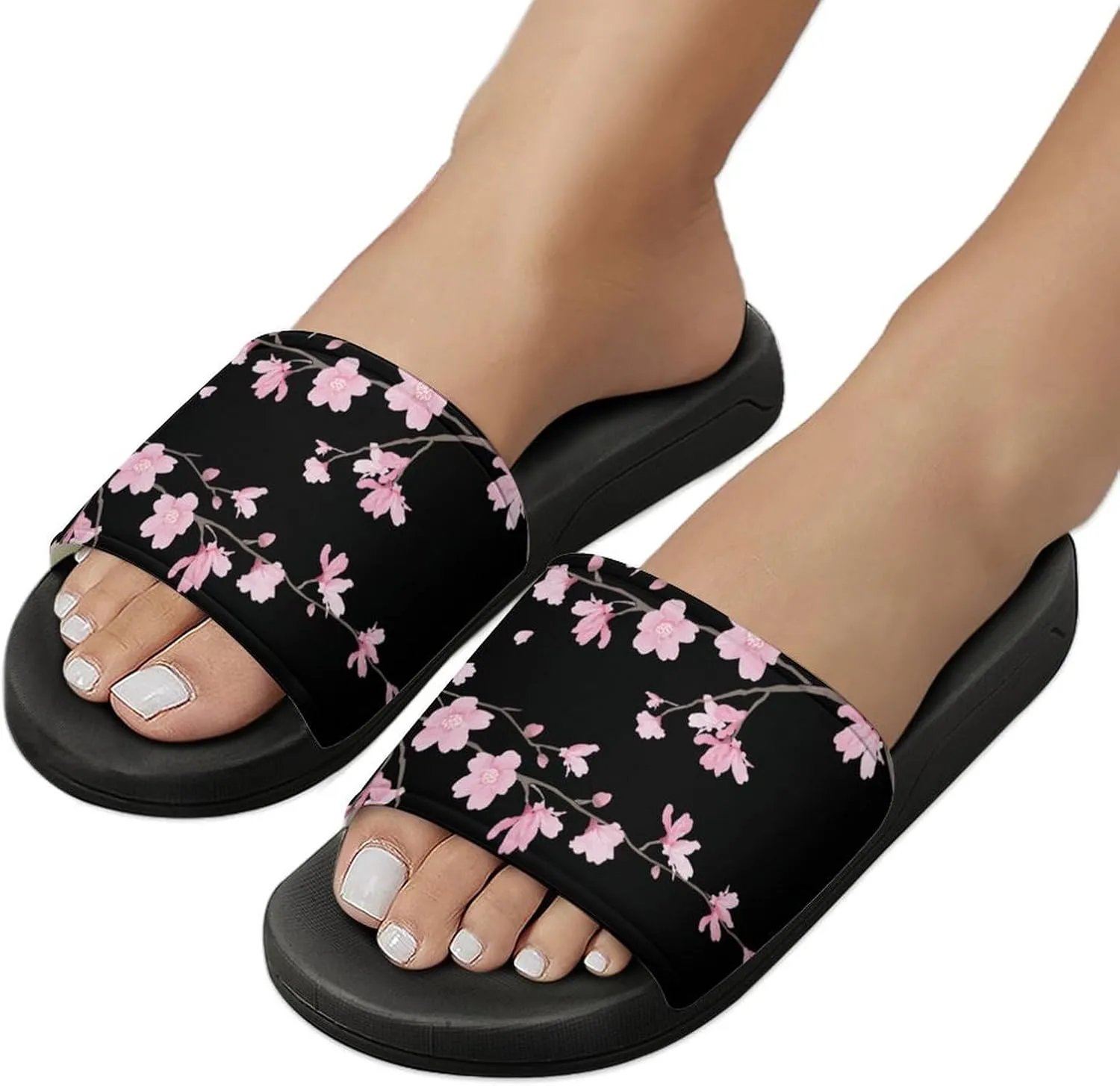 Cherry Blossom Black Womens Slide Sandals Non Slip Summer House Slippers for Girls Slip-on Flip Flops