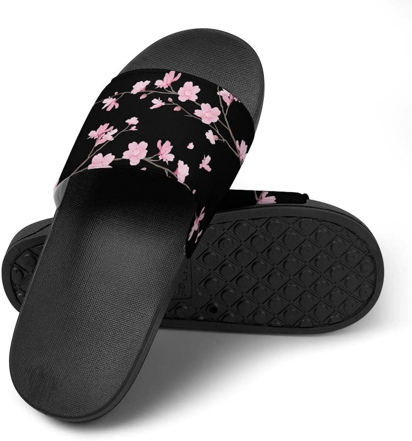 Cherry Blossom Black Womens Slide Sandals Non Slip Summer House Slippers for Girls Slip-on Flip Flops