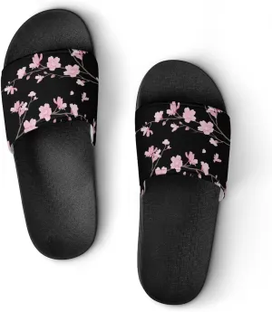 Cherry Blossom Black Womens Slide Sandals Non Slip Summer House Slippers for Girls Slip-on Flip Flops