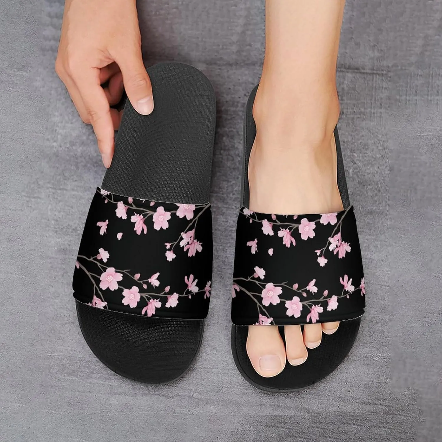 Cherry Blossom Black Womens Slide Sandals Non Slip Summer House Slippers for Girls Slip-on Flip Flops