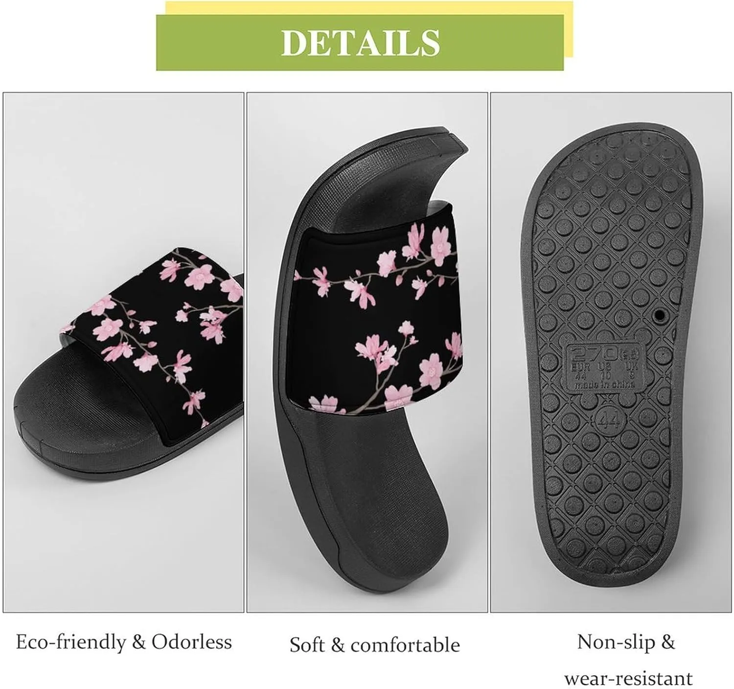 Cherry Blossom Black Womens Slide Sandals Non Slip Summer House Slippers for Girls Slip-on Flip Flops