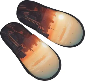City in the sunset Furry Slippers for Men Women Fuzzy Memory Foam Slippers Warm Comfy Slip-on Bedroom Shoes Winter House Shoes for Indoor Outdoor Medium