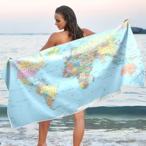 Colored World Map Beach Towels Oversized 71x31in Extra Large Pool Towel with Mesh Storage Bag, Lightweight Sand Free Quick Dry Beach Towel Travel Towel for Swim Bath Yoga Camping Gym