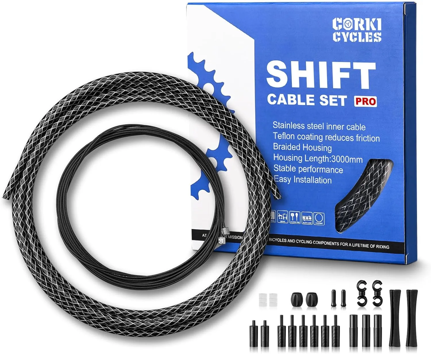 corki Cycles Bike Shifter Cable Housing Kit PRO for Shimano/SRAM/MicroShift - Braided Housing & Teflon Coated Stainless Inner Cables for Road Bikes and MTB Bicycles