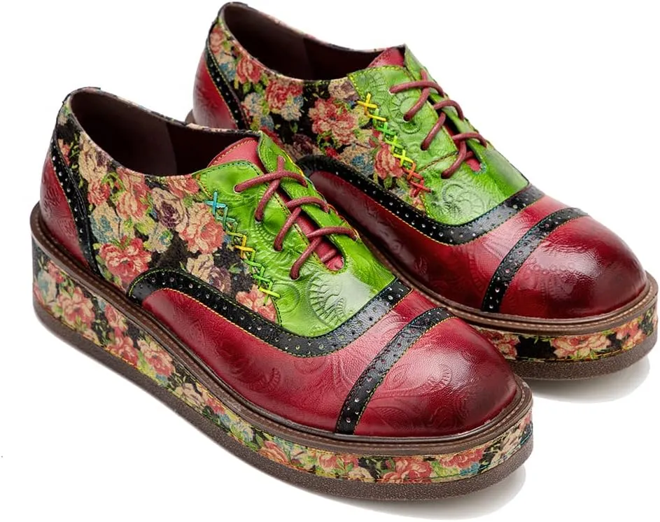 CrazycatZ Women's Leather Oxfords Perforated Wingtip Vintage Shoes