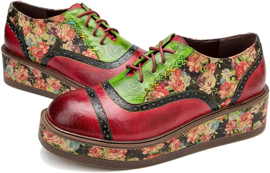 CrazycatZ Women's Leather Oxfords Perforated Wingtip Vintage Shoes