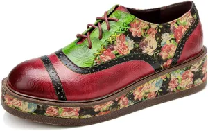 CrazycatZ Women's Leather Oxfords Perforated Wingtip Vintage Shoes