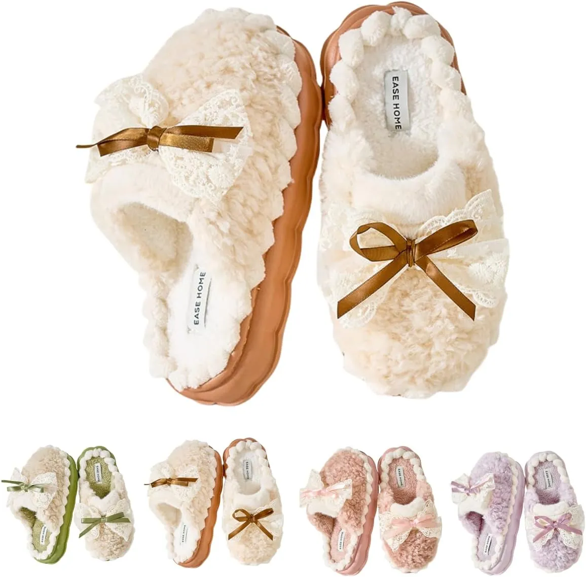 Cute Elegant Lace Bow Bowknot Fuzzy Slippers Home Slippers for Women Winter Warm Plush Comfy Sandals Non-Slip Thicken Sole Home Slippers Christmas Gift