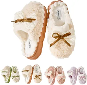 Cute Elegant Lace Bow Bowknot Fuzzy Slippers Home Slippers for Women Winter Warm Plush Comfy Sandals Non-Slip Thicken Sole Home Slippers Christmas Gift