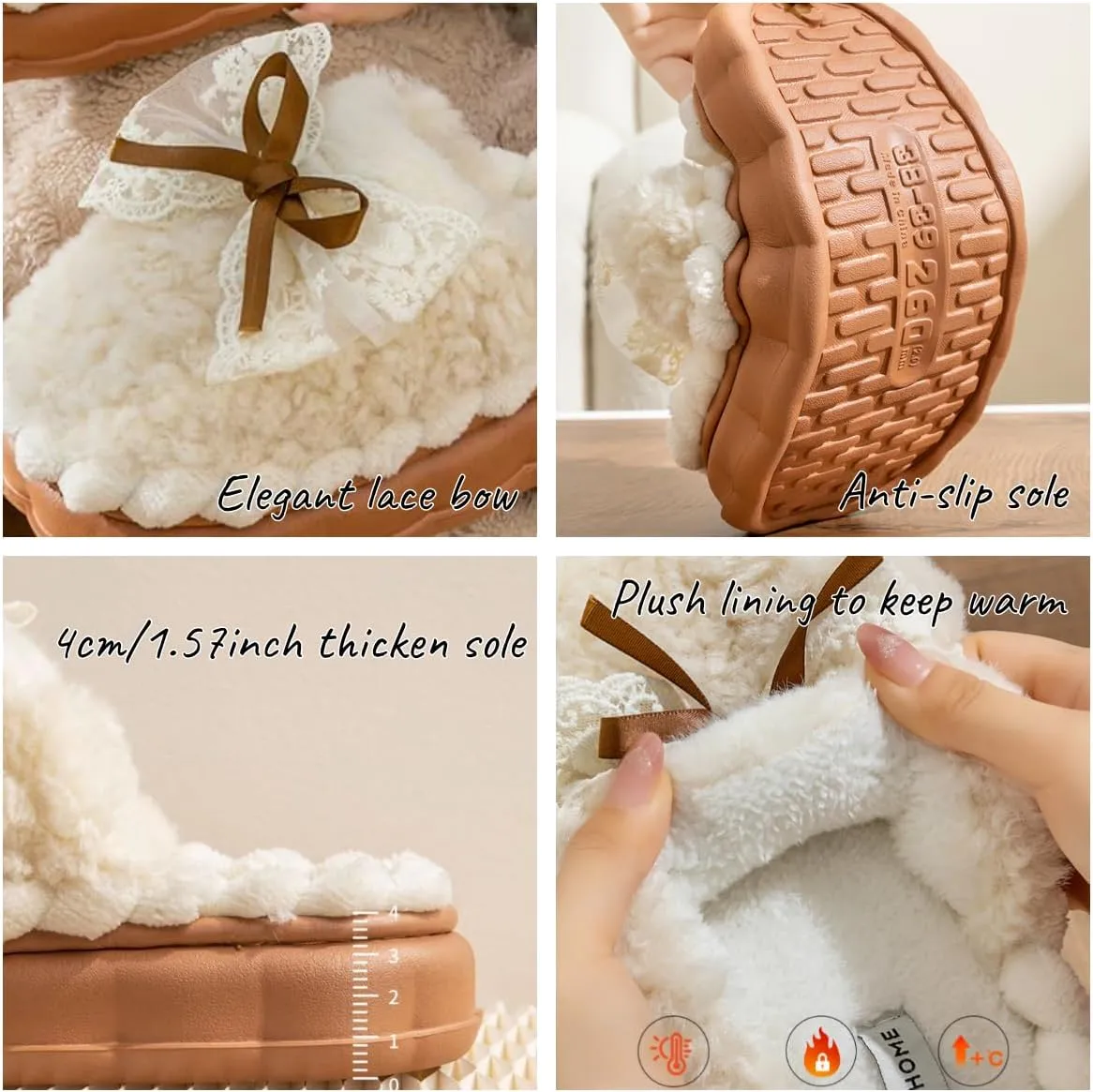 Cute Elegant Lace Bow Bowknot Fuzzy Slippers Home Slippers for Women Winter Warm Plush Comfy Sandals Non-Slip Thicken Sole Home Slippers Christmas Gift